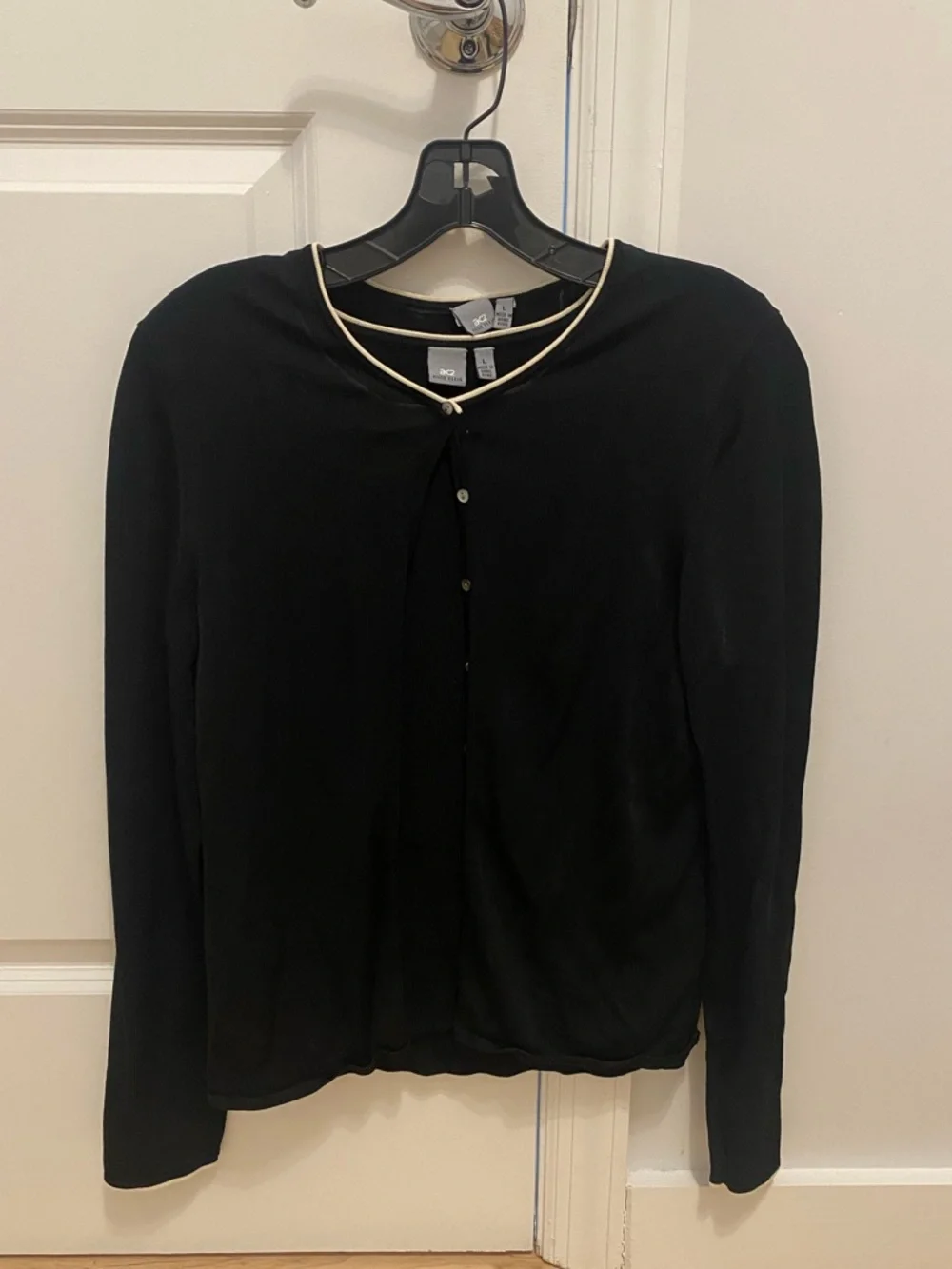 Anne Klein Black Two-Piece Knit Shell & Cardigan Set with Contrast Trim Size L